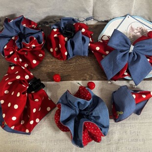 韩ins复古波点马尾抓夹樱桃甜美童话感大肠发圈牛仔蓝鲨鱼夹发饰