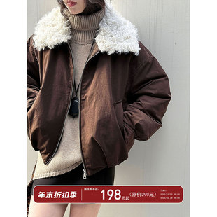 鹿西 美式复古巴恩风90白鸭绒冬季外套短款毛领派克羽绒服女Y86