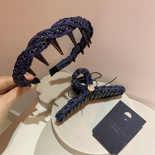 小香风气质链条牛仔织带辫子倒梳带齿防滑发箍高级感蝴蝶结抓夹女