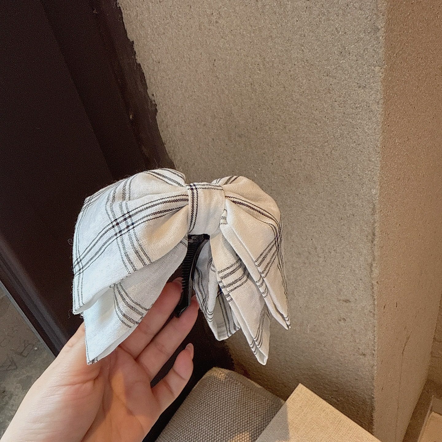 韩国复古格子双层蝴蝶结香蕉夹时尚气质甜美扎高马尾竖夹头花