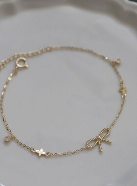 925纯银镀14K金色手链麻花蝴蝶结四叶简约气质精致轻奢设计感百搭