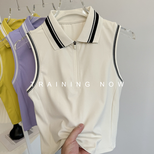 速干瑜伽服运动上衣女跑步训练健身翻领无袖背心羽毛球网球T恤薄