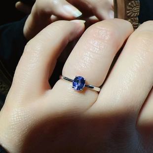 白金迷你铂金镶嵌天然斯里兰卡矢车菊蓝宝石戒指保真厚金四爪戒指