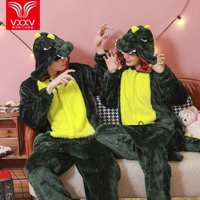 开黑神器秋冬可爱卡通动物小恐龙连体珊瑚法兰绒睡衣成年男女情侣