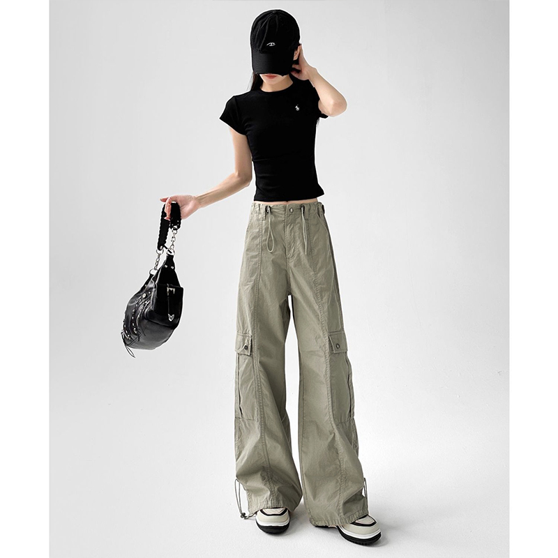 直筒军绿宽松休闲运动弯刀工装裤子女2025新款今年流行爆款小个子