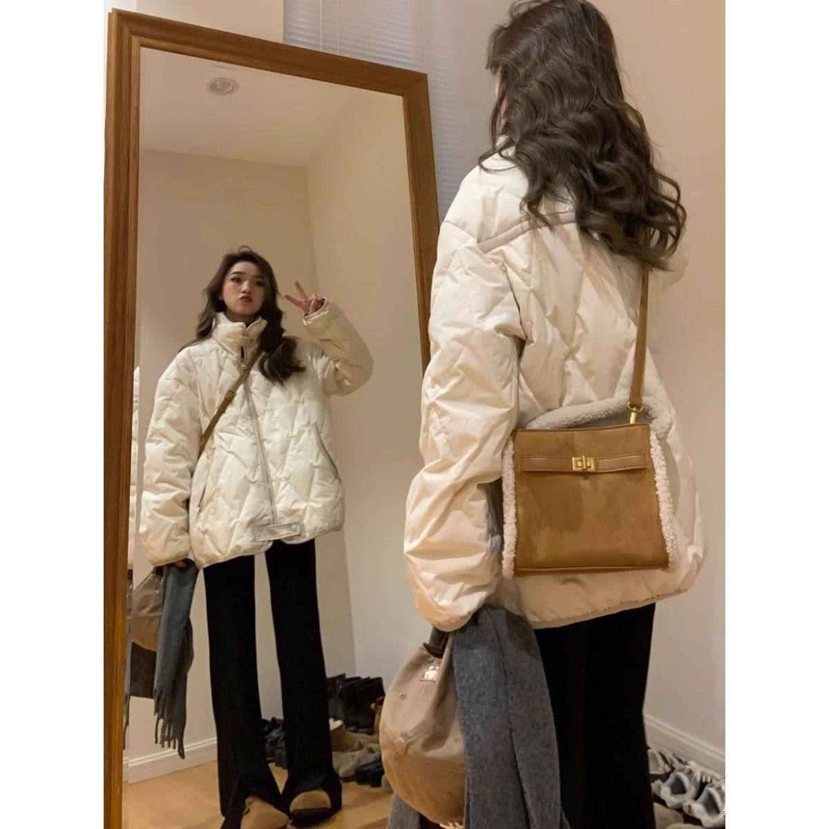 日系复古菱格面包棉服外套女冬季2024新款加厚保暖小个子棉衣棉袄