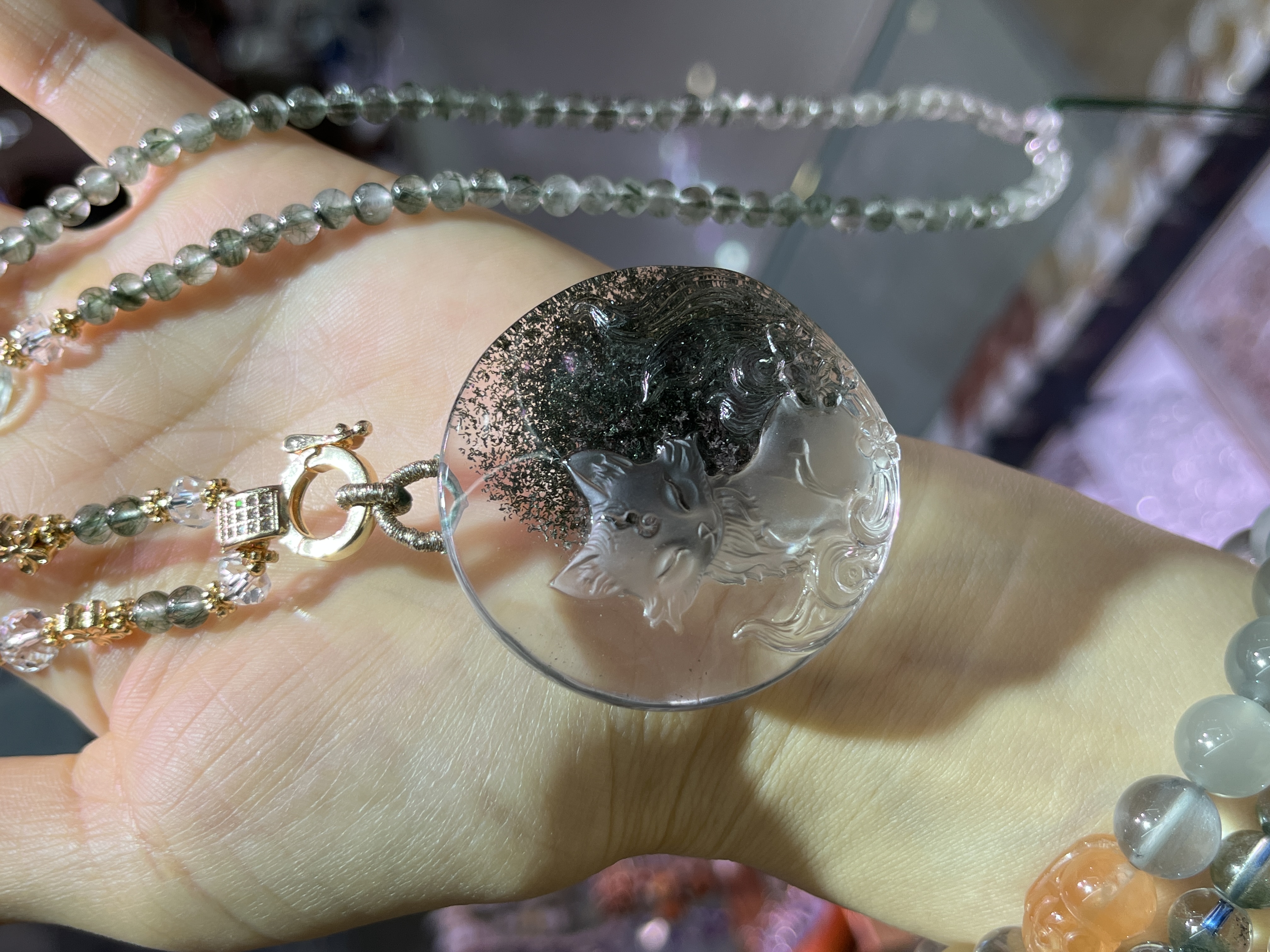 天然水晶绿幽灵九尾狐吊坠项链红幽灵共生体意境优美雕工精致