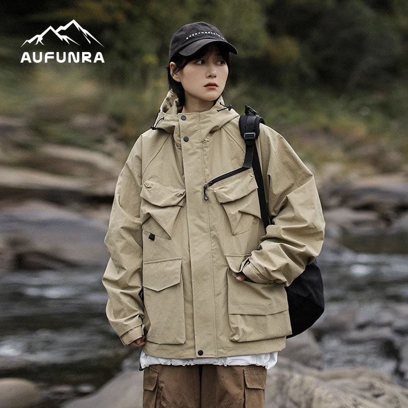 AUFUNRA冲锋衣山系日潮宽松休闲夹克2026机能多口袋连帽工装外套
