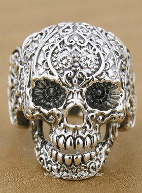 复古纯银骷髅刻字戒指