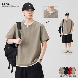 假两件短袖T恤男款夏季2026新款美式潮流V领宽松男士百搭休闲卫衣