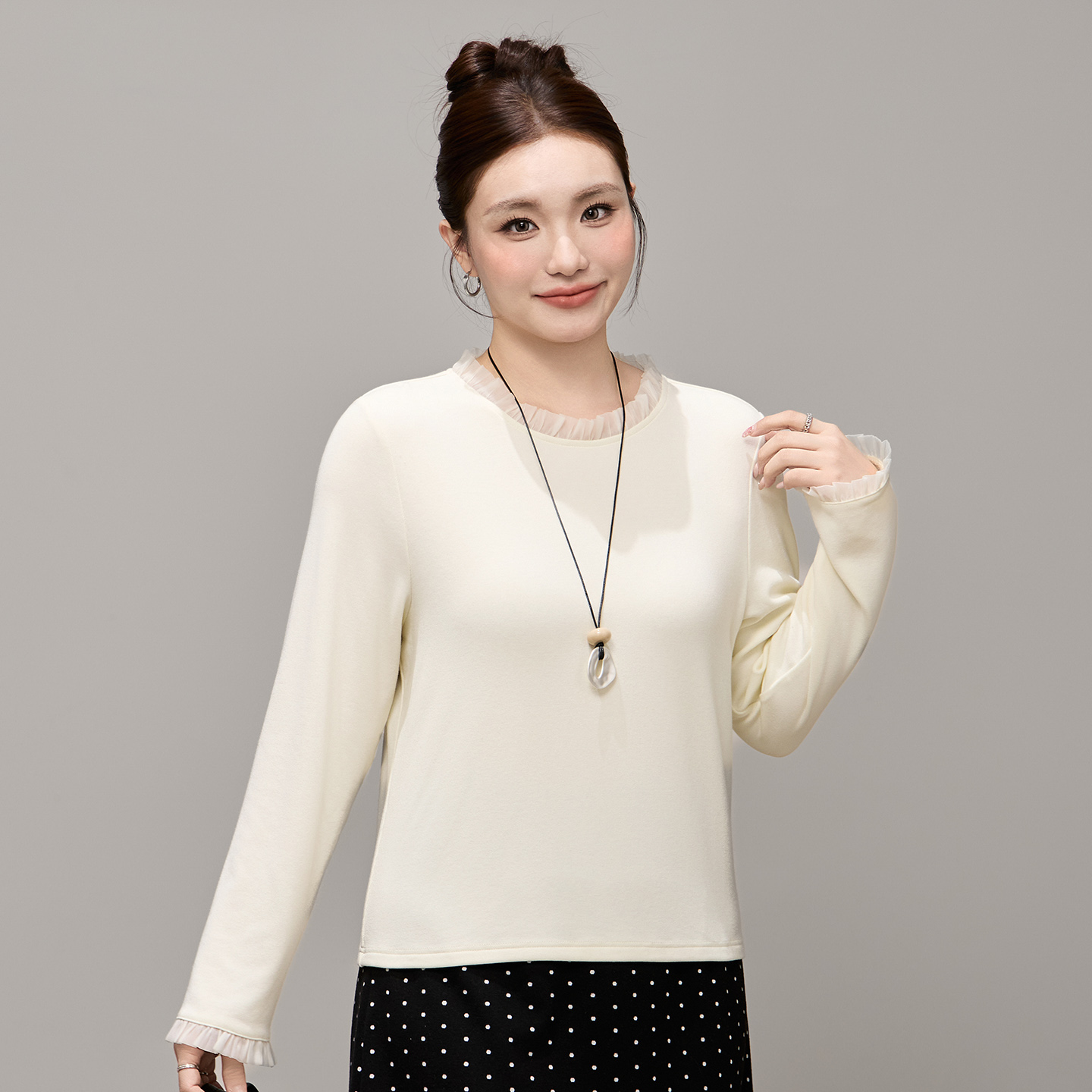 微胖mm大码网纱拼接针织打底衫