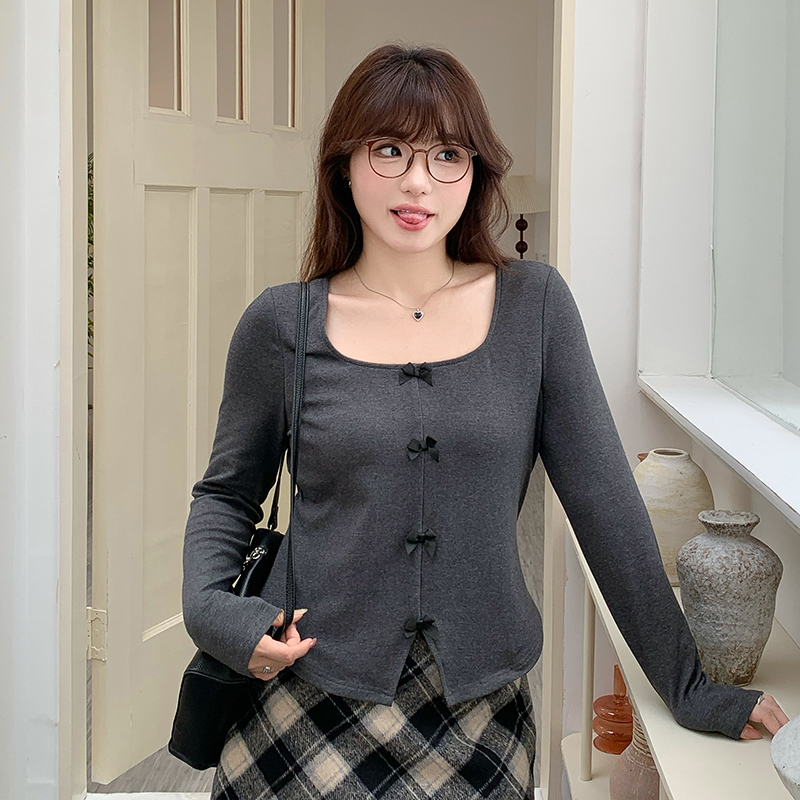 胖mm蝴蝶结针织衫2024秋季新款大码女装设计感小众方领长袖短上衣
