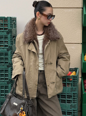 茂茂时髦街头复古飞行扣夹克毛毛工装风外套25Y613（可拆卸）