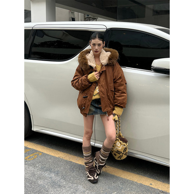 ANAN&ANNA冬季复古牛角扣派克羽绒服仿羊羔毛领白鸭绒外套女85382