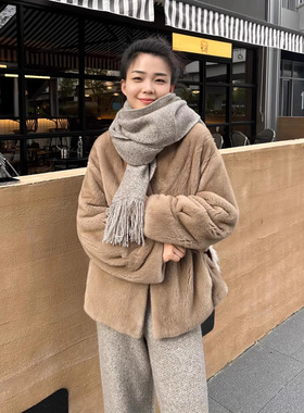 24新款进口紫标级水貂皮草女天鹅绒整貂大衣貂毛外套简约V领短款