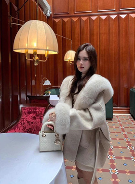 沪上千金~狐狸毛领连帽羊毛大衣外套女款2025新款冬