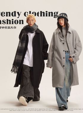 CATTEE中长款毛呢大衣男秋冬高级感痞帅宽松休闲韩系西装风衣外套
