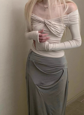 Rase le sol‘Gentle praise’扭结一字肩上衣收腰短款长袖T恤