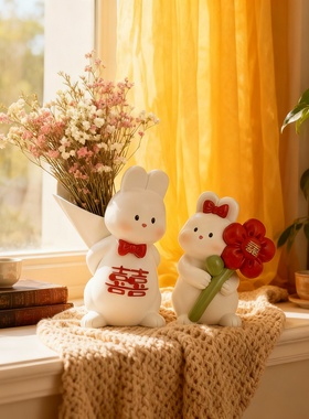 陶瓷小仓鼠一对喜字摆件