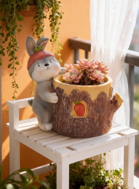 手工可爱兔子树桩陶瓷花盆摆件