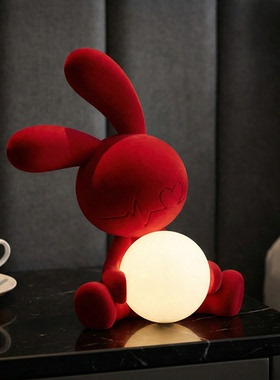 红色萌兔毛绒护眼床头台灯