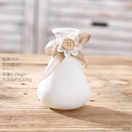 创意田园麻绳白色玻璃花瓶干花插花花艺花器酒柜台餐桌装饰品摆件