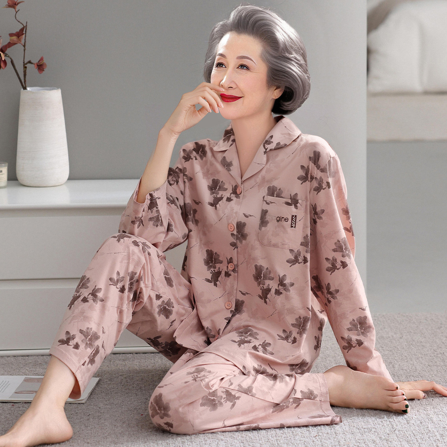 中老年人妈妈婆婆睡衣女纯棉长袖