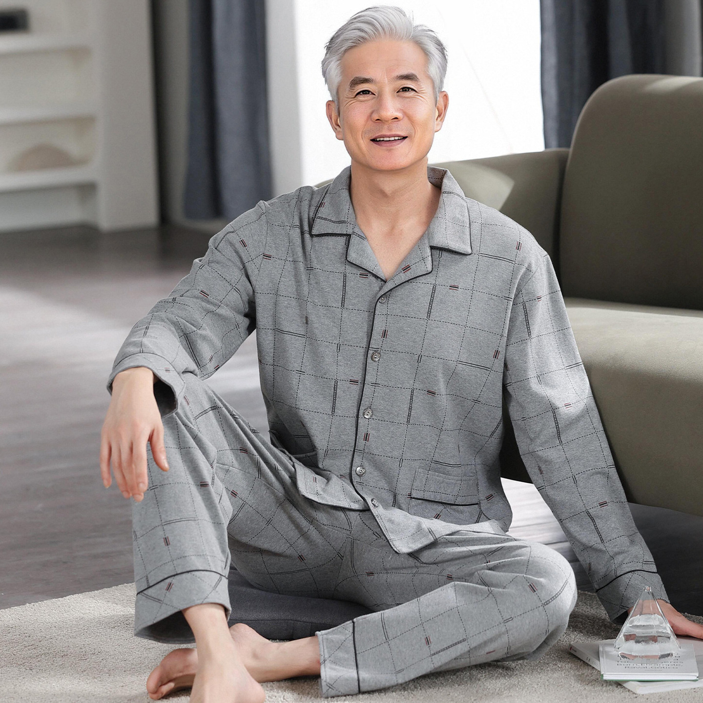 中老年爸爸睡衣男士春秋季纯棉长袖老人爷爷加大码加肥家居服套装