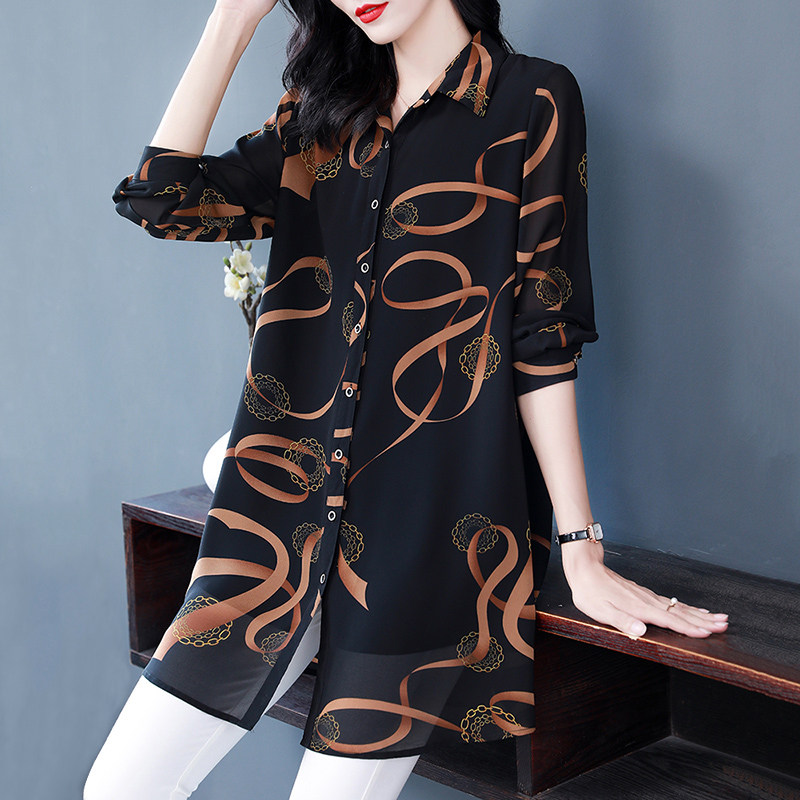 加大码女士雪纺衬衫中长款2021新中年妈妈春秋装胖mm长袖印花上衣