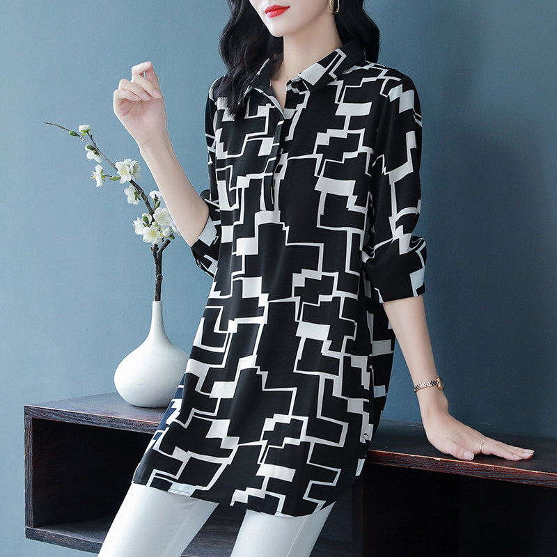 加肥大码女士长袖雪纺衬衫中长款2022年秋装胖mm洋气妈妈遮肚上衣