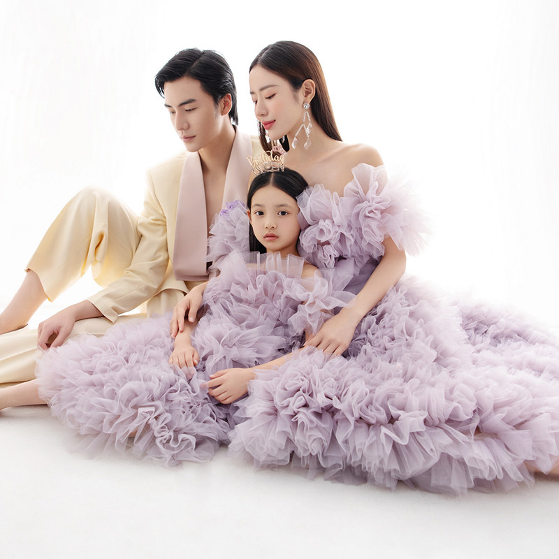 影楼亲子摄影主题服装一家三口全家福拍照韩式香芋紫性感婚纱礼服