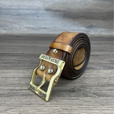 男士真皮皮带超厚4.5MM纯铜风尘花扣腰带头层牛皮皮带手工针扣男