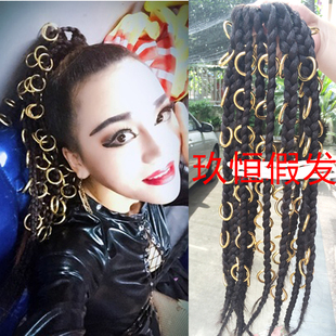 新款雷鬼辫子铁环朋克金属摇滚马尾夜店酒吧DSJ女歌手演出服假发