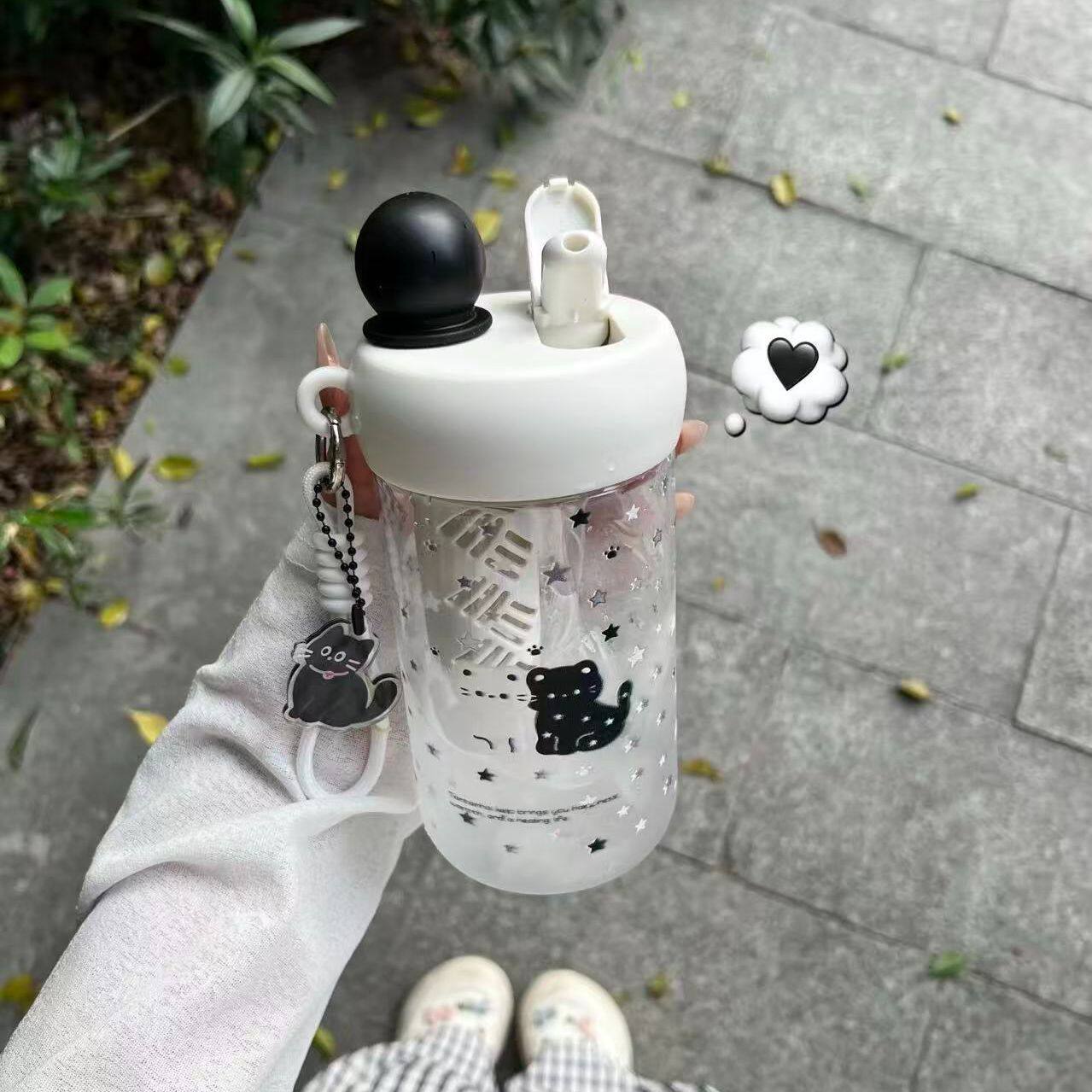 可爱黑白猫双饮塑料杯带茶隔小众便携防漏学生水杯高颜值 ins杯子