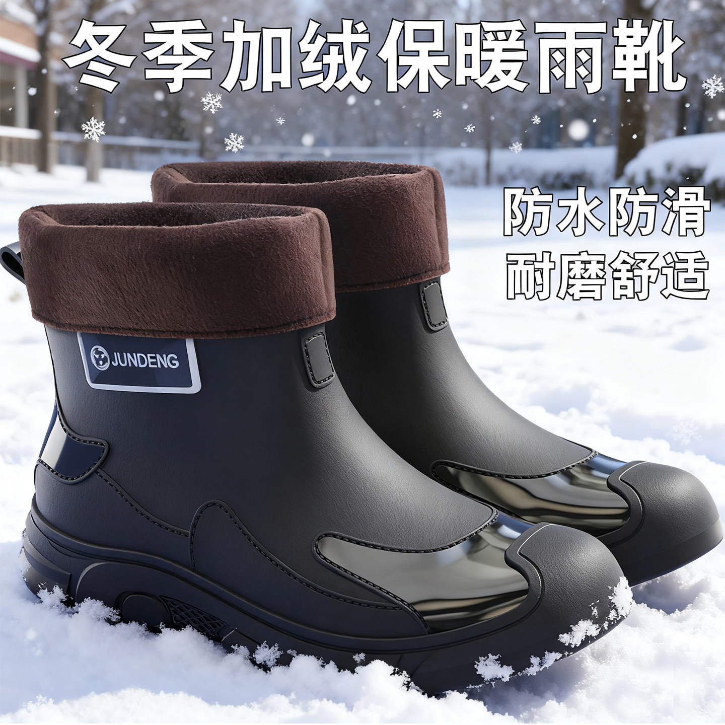 中筒加绒雨鞋男士冬季保暖防滑雨靴轻便耐磨厚底防水鞋大码胶鞋男