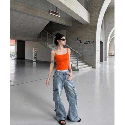 TQFQ 甜辣风宽松绑带中腰休闲牛仔裤女春夏新款显瘦休闲工装长裤