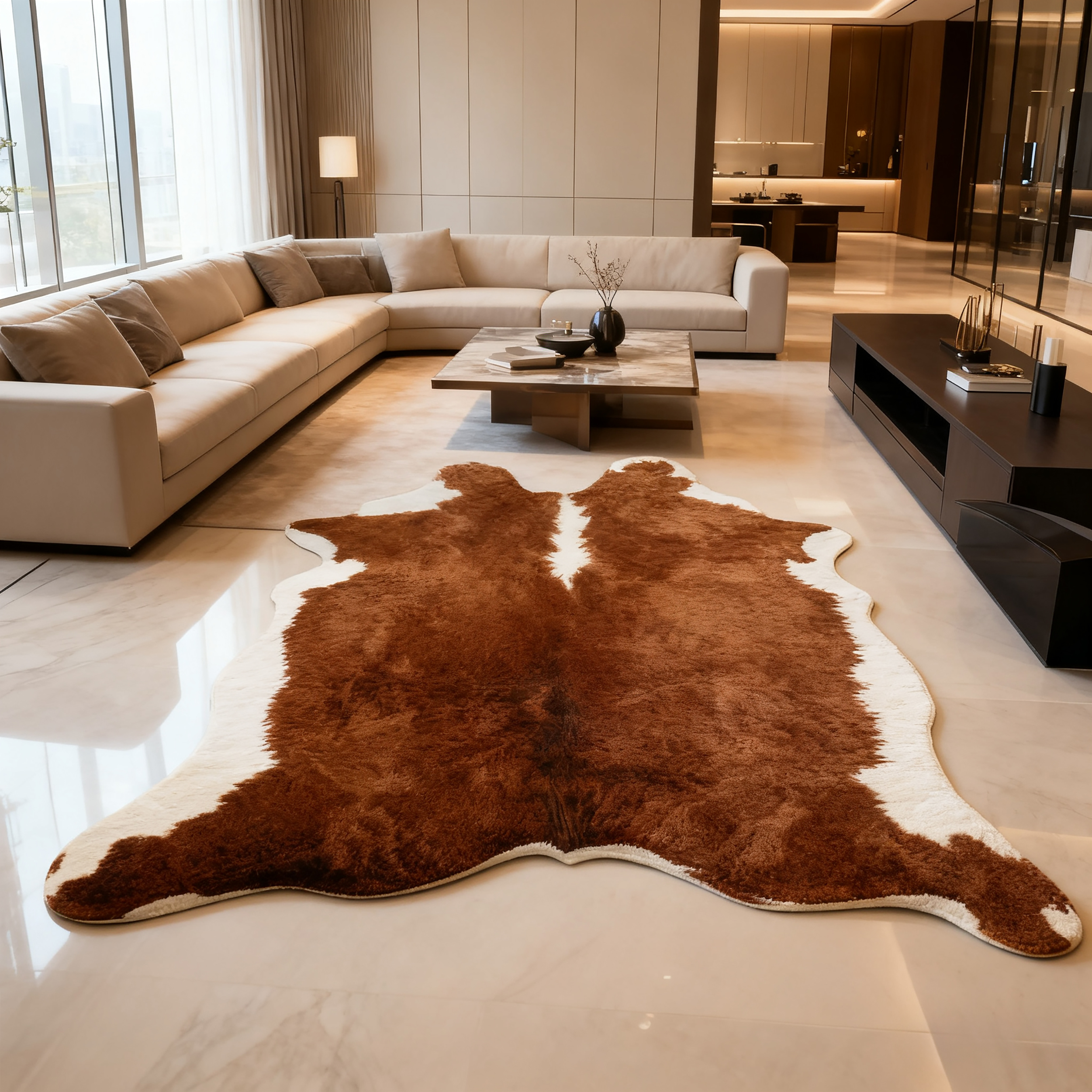 仿真牛皮轻奢异形家用地毯动物毛绒垫客厅沙发脚垫欧美卧室床边毯