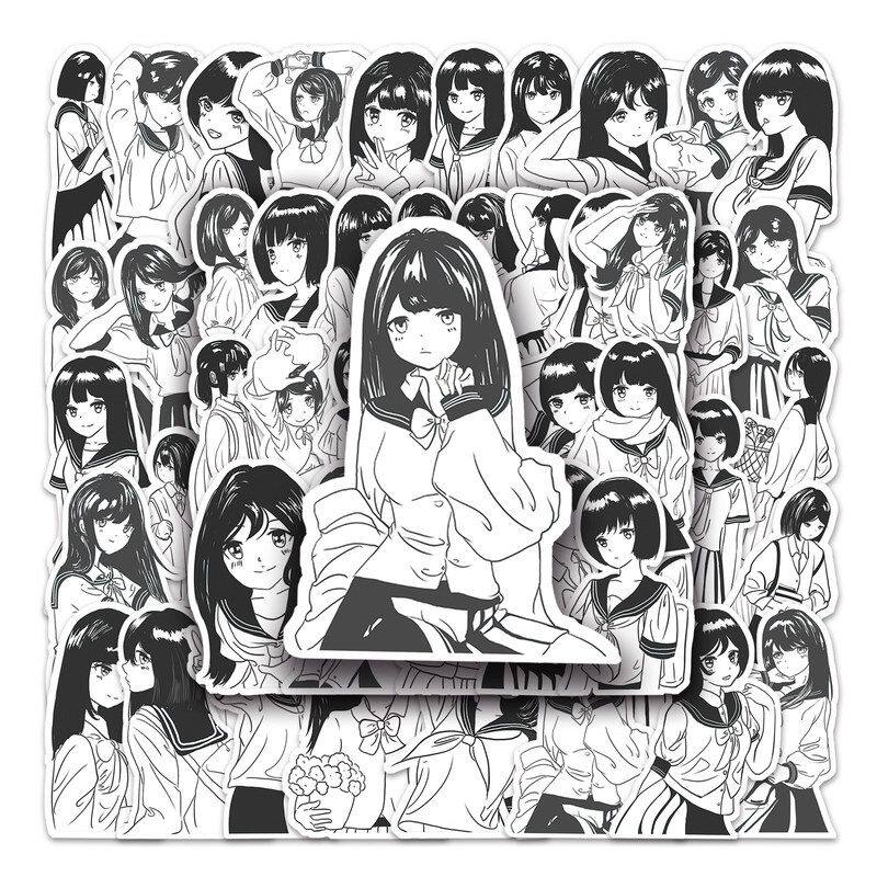 50张JK制服纯欲女孩原创黑白水手服贴纸DIY奶茶杯手机壳防水贴