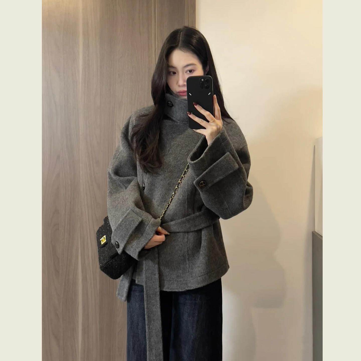 韩系高级感灰色系带呢子大衣女秋冬季小个子廓形立领短款毛呢外套,运动/瑜伽/健身/球迷用品,广场舞套装,淘宝优惠券,粉丝福利购,淘宝优惠卷