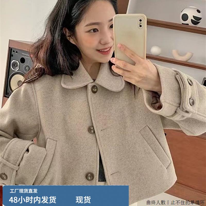 韩风甜美减龄娃娃领毛呢外套女小个子百搭短款设计感复古呢子大衣