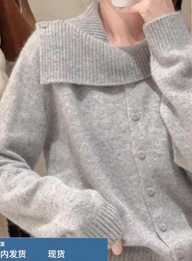 韩系设计感灰色翻领毛衣女秋冬可外穿高级感宽松针织开衫内搭上衣