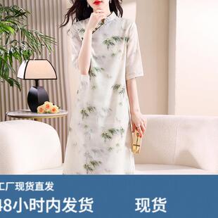 棉麻洋装子女士装2026年夏季新款小个子中式妈妈气质短袖中长裙