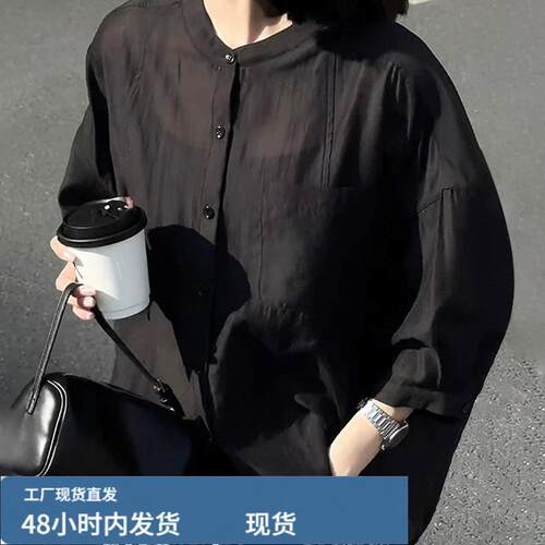 时尚天咝黑色七分袖衬衫