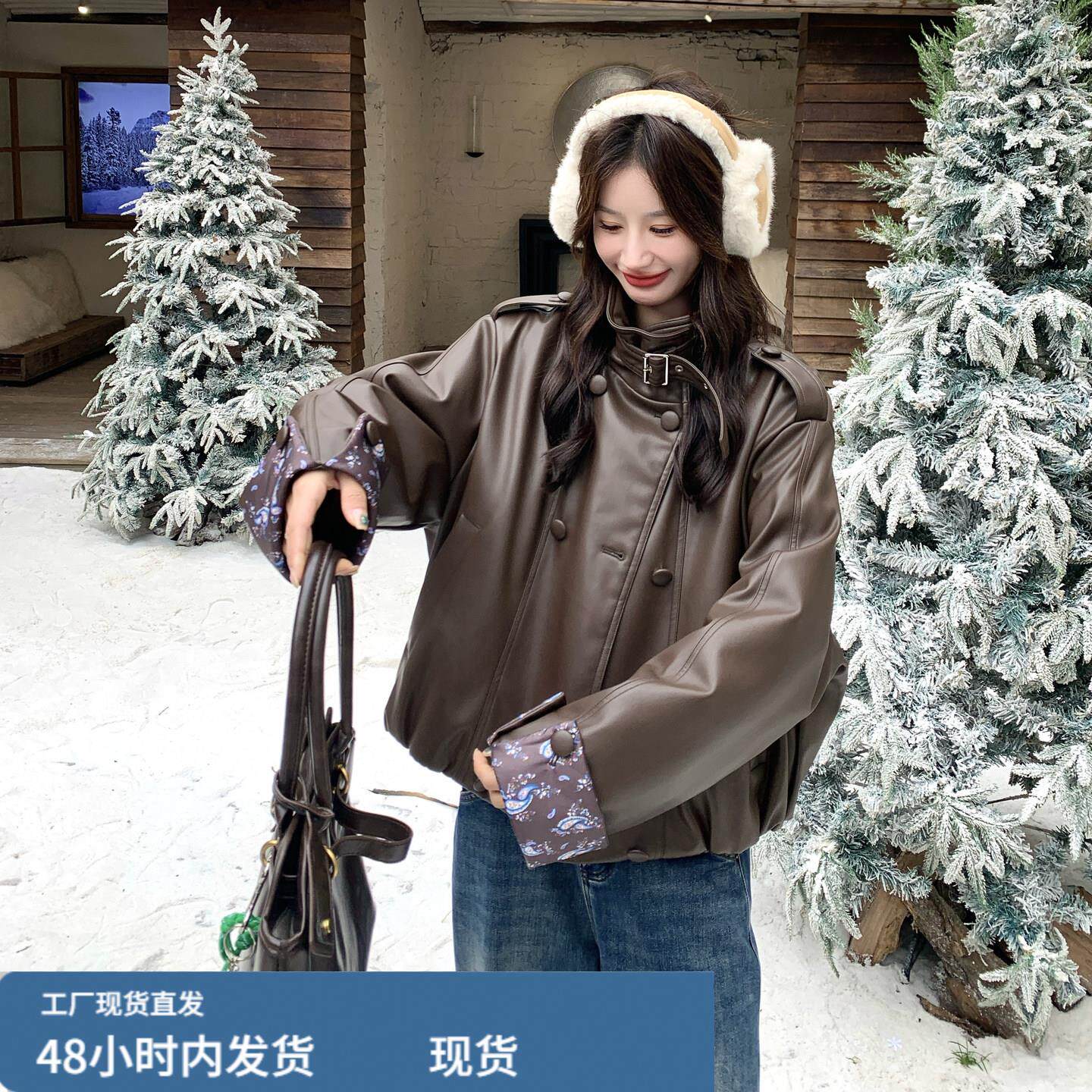 美拉德复古印花拼接PU皮羽绒服女短款2025冬季酷飒炸街机赛车服外