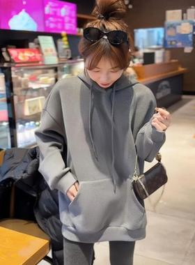 高级感灰色连帽卫衣女2025新款秋冬季加绒加厚中长款宽松长袖上衣