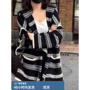 黑白条纹连帽针织开衫女士秋冬高端中长宽松毛衣夹克慵懒风格上衣