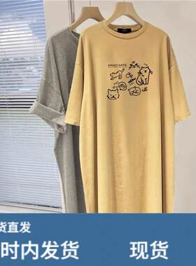 卡其色圆领短袖过膝洋装女夏季2026新款宽松休闲遮肉中长版裙子