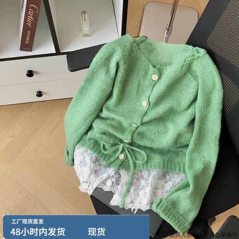 超好看流行蕾丝拼接抽绳设计感毛衣开衫春季薄款气质外搭针织外套