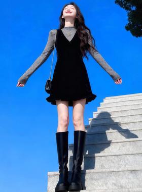 灰色半高领波点绝美内搭打底衫女秋冬设计感修身气质长袖t恤上衣