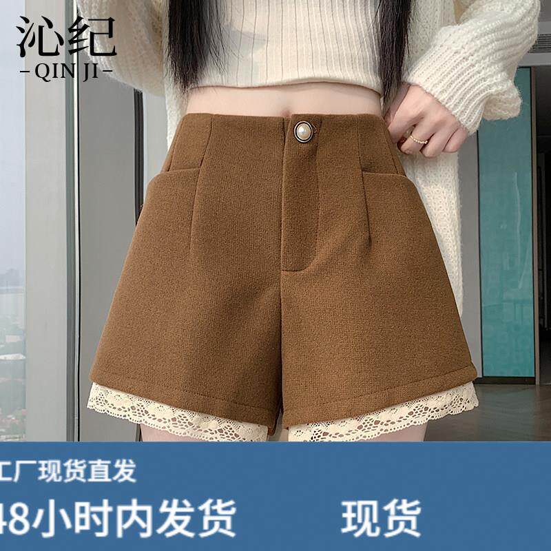 蕾丝花边毛呢阔腿短裤女2026秋冬季新款高腰显瘦A字直筒休闲裤子
